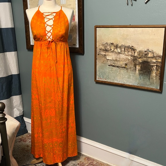 Vintage Dress Fumi of Waikiki Maxi Midi Barkcloth Hawaiian 4 6 Long Lace-up Oran - Picture 1 of 8